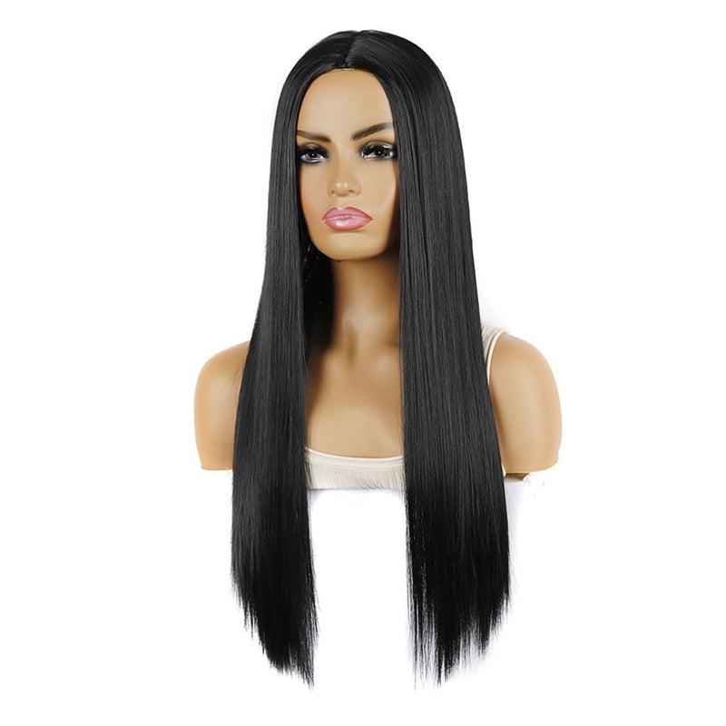Flonding 75cm 29.5 inches Black Wig Women's Long Straight Middle Part Synthetic Hair Wigs No bangs Cosplay Anime Halloween Costume Party Hair Wig for Women with Wig Cap - Image 3